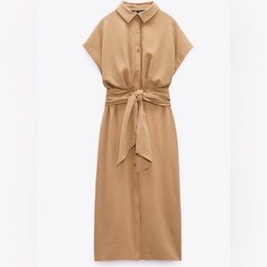 Zara Tan Button-Up Collared Midi Dress